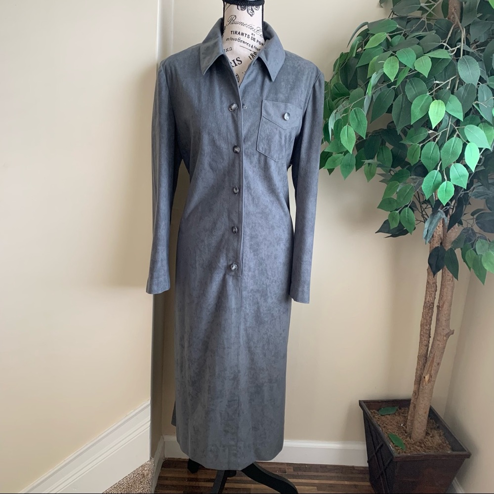 Henry Lee Vintage Faux Suede Button Down Midi Shirt Dress Gray Sz 10